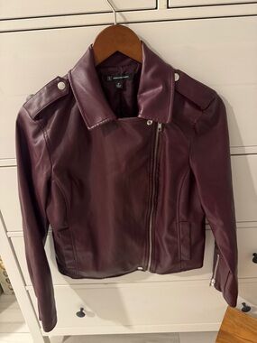 INC International Concepts Deep Plum Maroon Faux Leather Moto Jacket Sz M